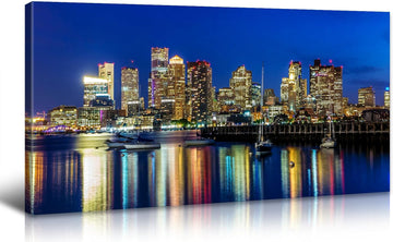 Blue Boston Skyline Canvas Wall Art, USA City Panoramic Night Scene Painting, Large 20"x40" Modern Downtown Skyline