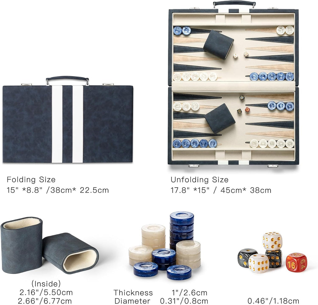 15inch Backgammon Sets for Adults, Classic Backgammon Board with Unique Checkers Dice, Faux Leather Exterior