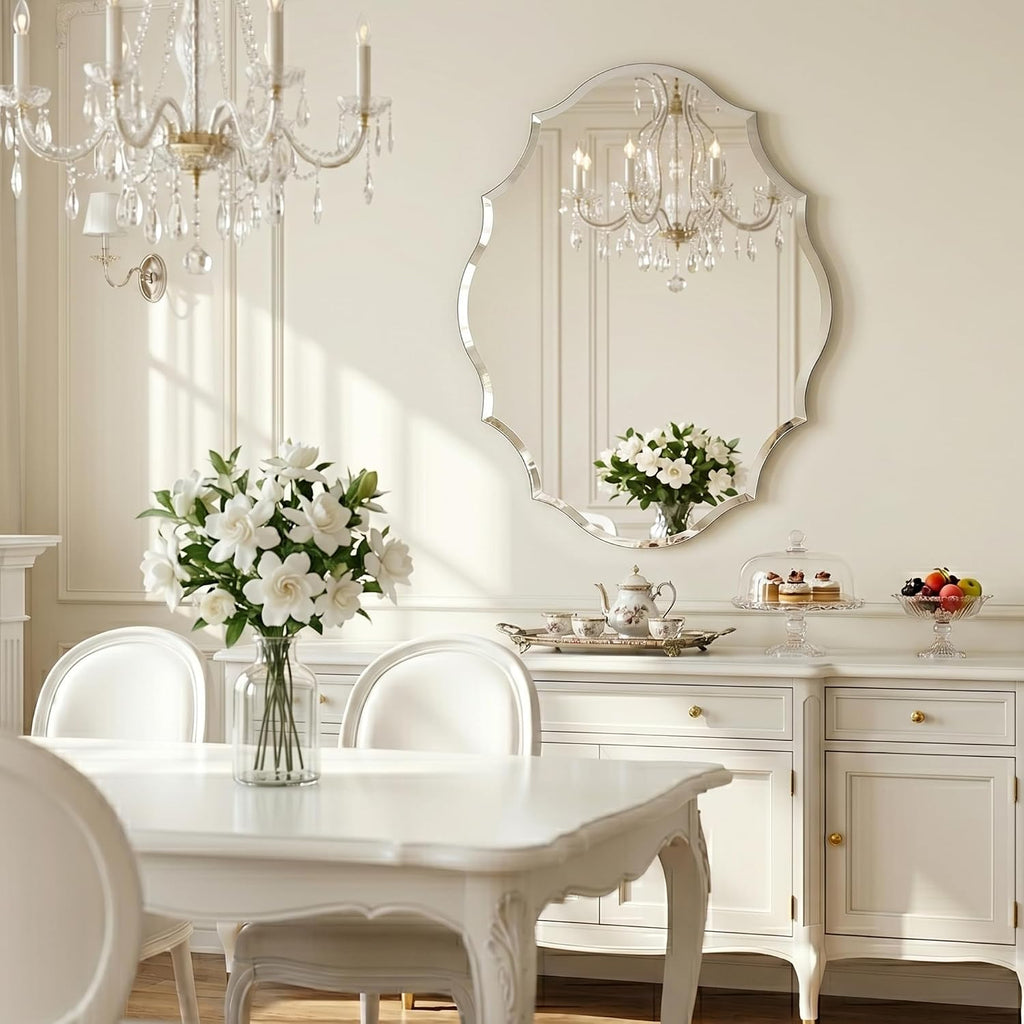 22" x 28" Frameless Scalloped Wall Mirror, Beveled Edge Bathroom Vanity Mirror with Reinforced Backing for