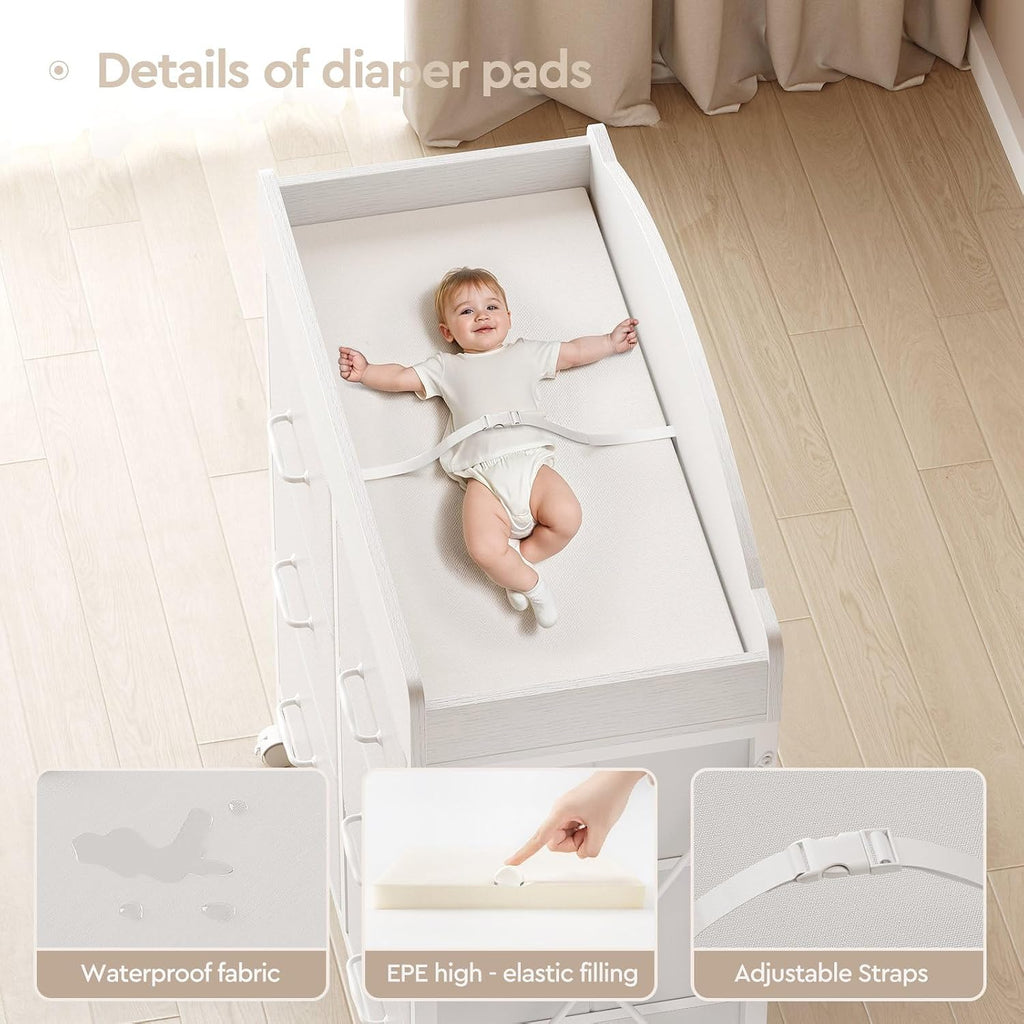 Changing Table Dresser, 6 Fabric Drawers, Mobile Storage, White | Changing Table,Waterproof Diaper pad & Safety