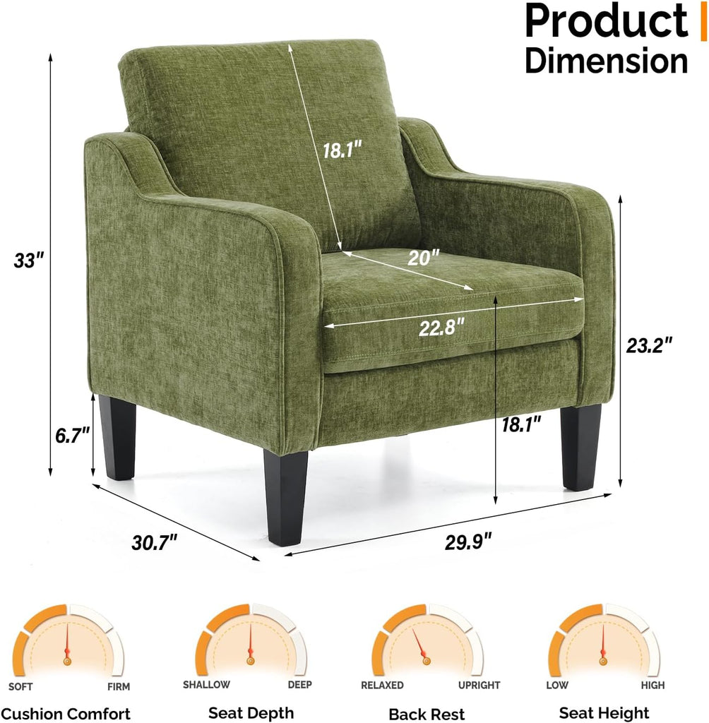 Chair Olive Green Upholstered Chenille Accent Chair , Mid-Century Modern Arm Chair Comfy Reading Chair with Scooped