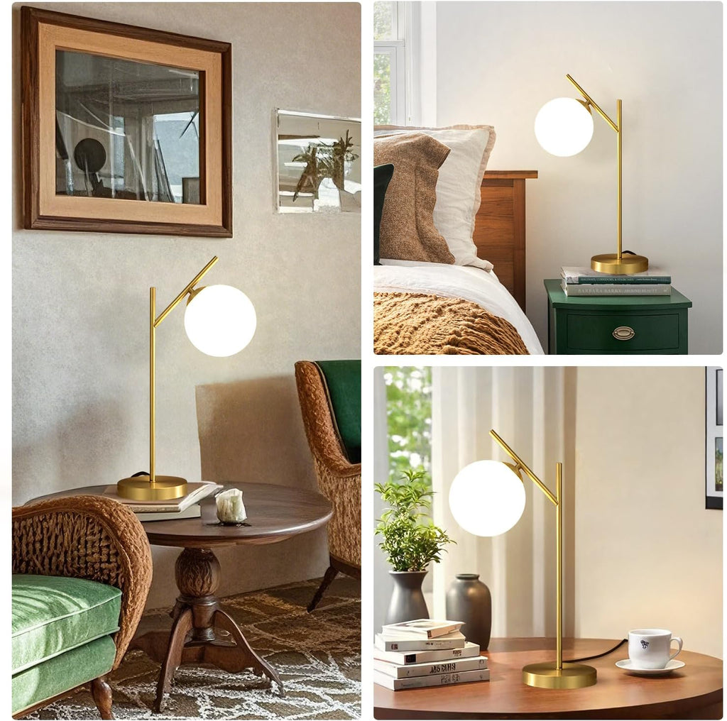 Mid Century Modern Table Lamp, 1 Light Brass Glass Globe Bedside Lamp