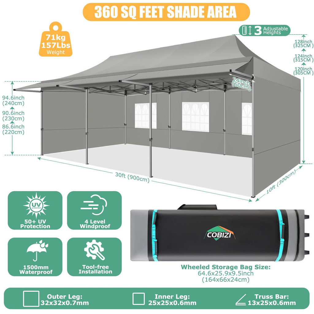 10x30 Heavy Duty Pop Up Canopy Tent with Awning, Gray