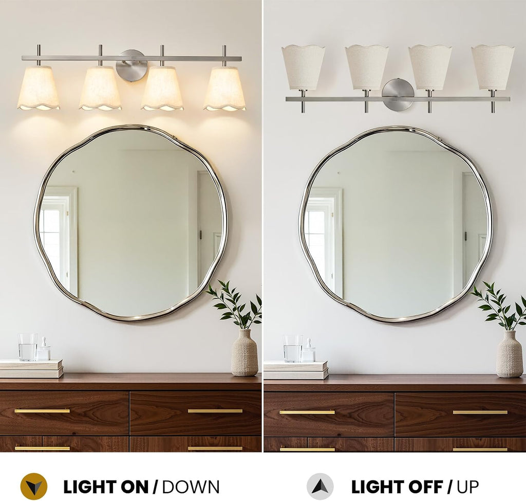 4-Light Bathroom Light Fixtures, Brushed Nickel Vanity Light,Modern Vanity Lights with Scalloped Linen Fabric Shade