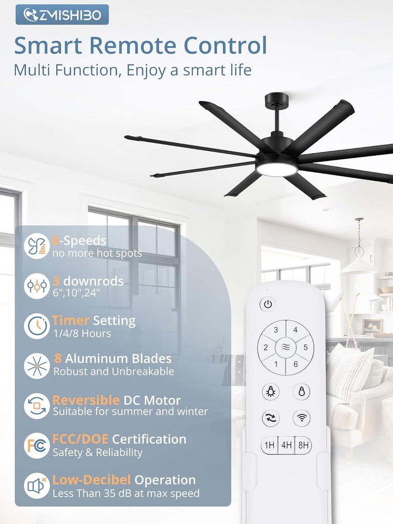 72" Ceiling Fan with LED Light and Remote - Black