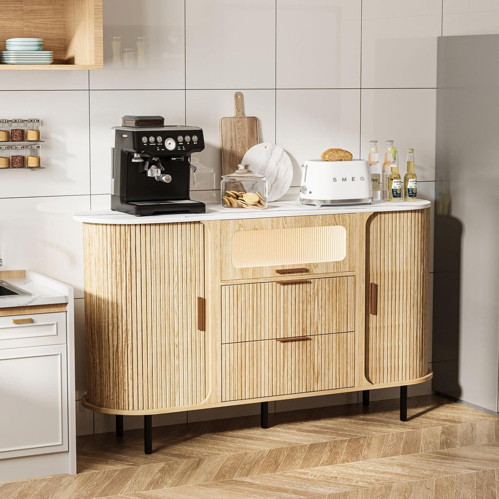 54" Modern Fluted Sideboard Buffet Cabinet with Storage, Oak | Mid Century Coffee Bar with Light & Slide Doors, 2