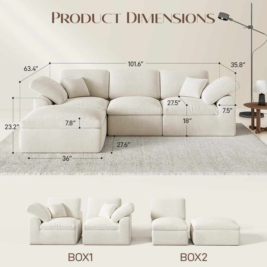 Cloud Sectional Couches for Living Room, 4 Seater Cloud Modular Couch, Boneless Comfy Sofa for Apartment