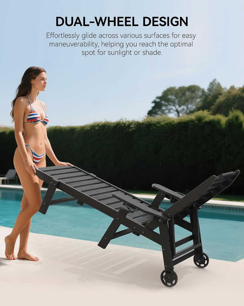 Lounge Chair Outdoor, HDPE Chaise Lounge with Wheels, 5-Position Adjustable Backrest & 2 Cup Holders Patio Lounge