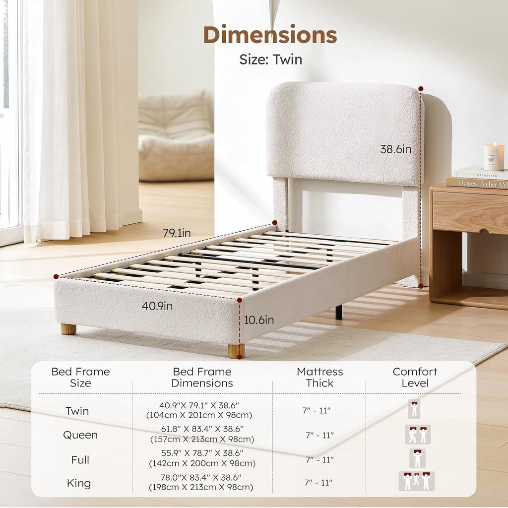 Twin Size Cloud Platform Bed for Kids, Soft Boucle Toddler Bed Frame, Cream | Adjustable Padded Headboard, Rounded