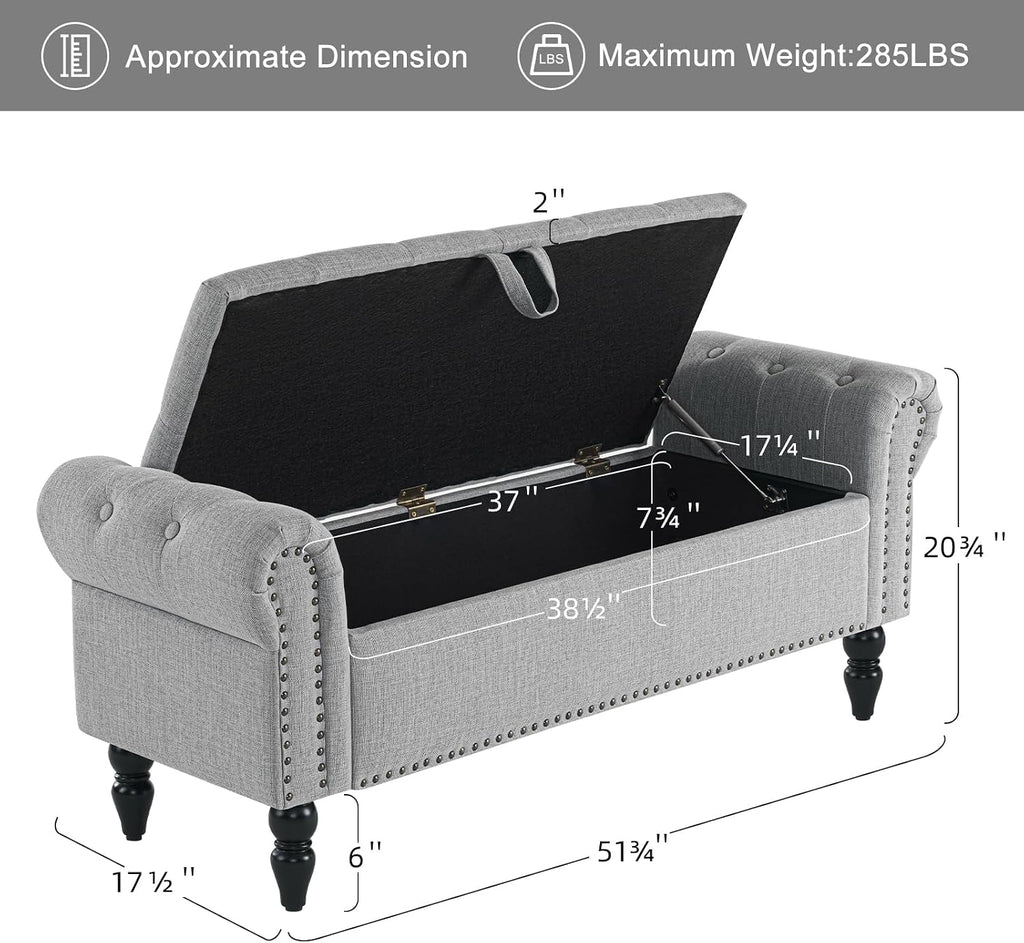 51" Bedroom Bench, End of Bed Bench with Button-Tufted Large Upholstered Storage Bench Ottoman Linen Window Benches