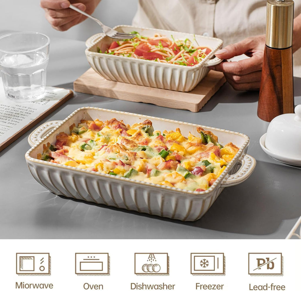 Casserole Dish for Oven, Ceramic Dishes Set, Vintage Hobnail Bakeware Sets of 3, Rectangular Pan, Deep Lasagna Pan
