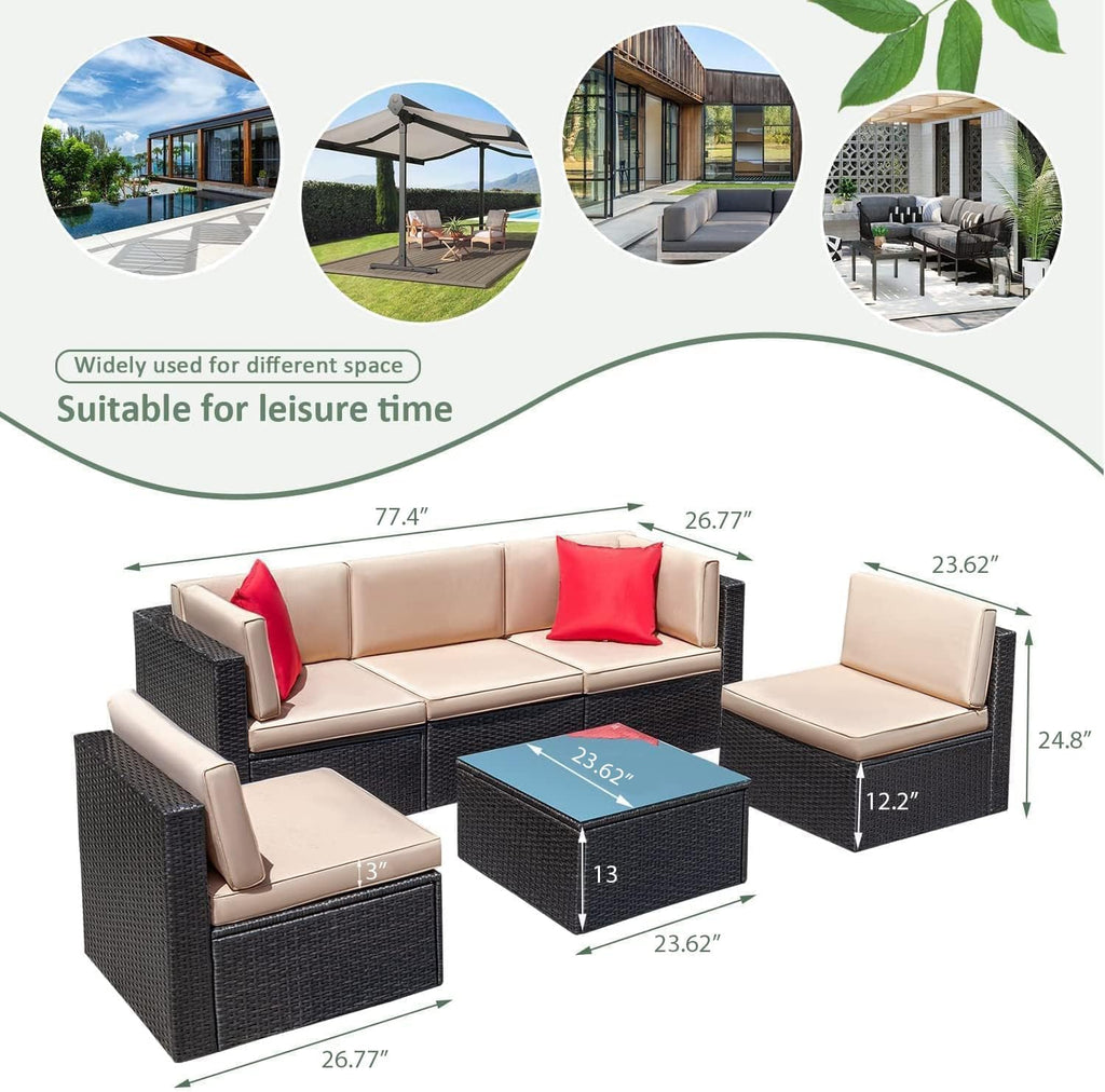 Patio Furniture Sets 6 Pieces Outdoor Sectional Rattan Sofa Manual Weaving Wicker Patio Conversation Set with Glass