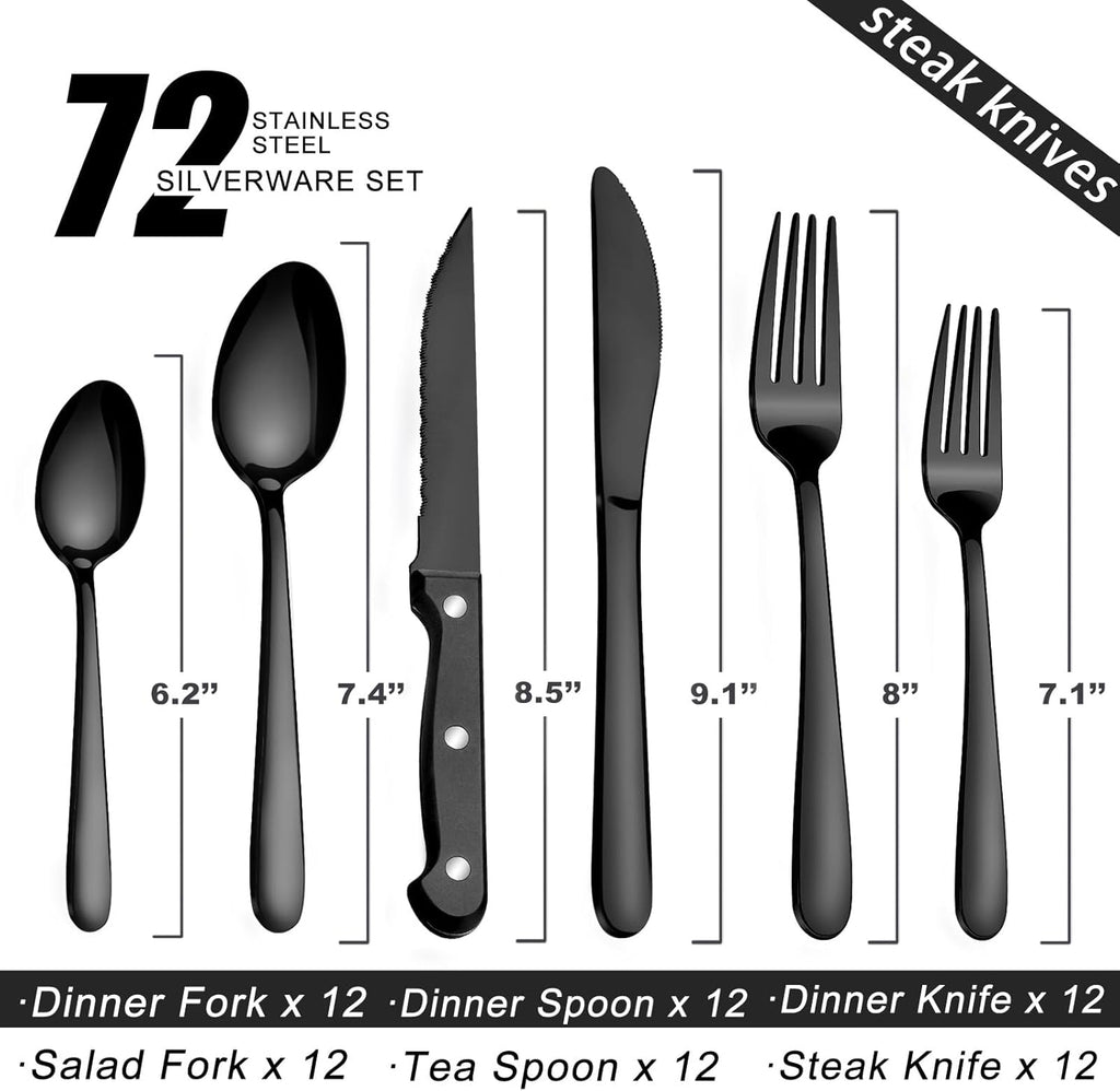 72 Pieces Black Silverware Sets for 12 - Dishwasher Safe, Flatware Set with Steak Knives, Stainless Steel Cutlery Set