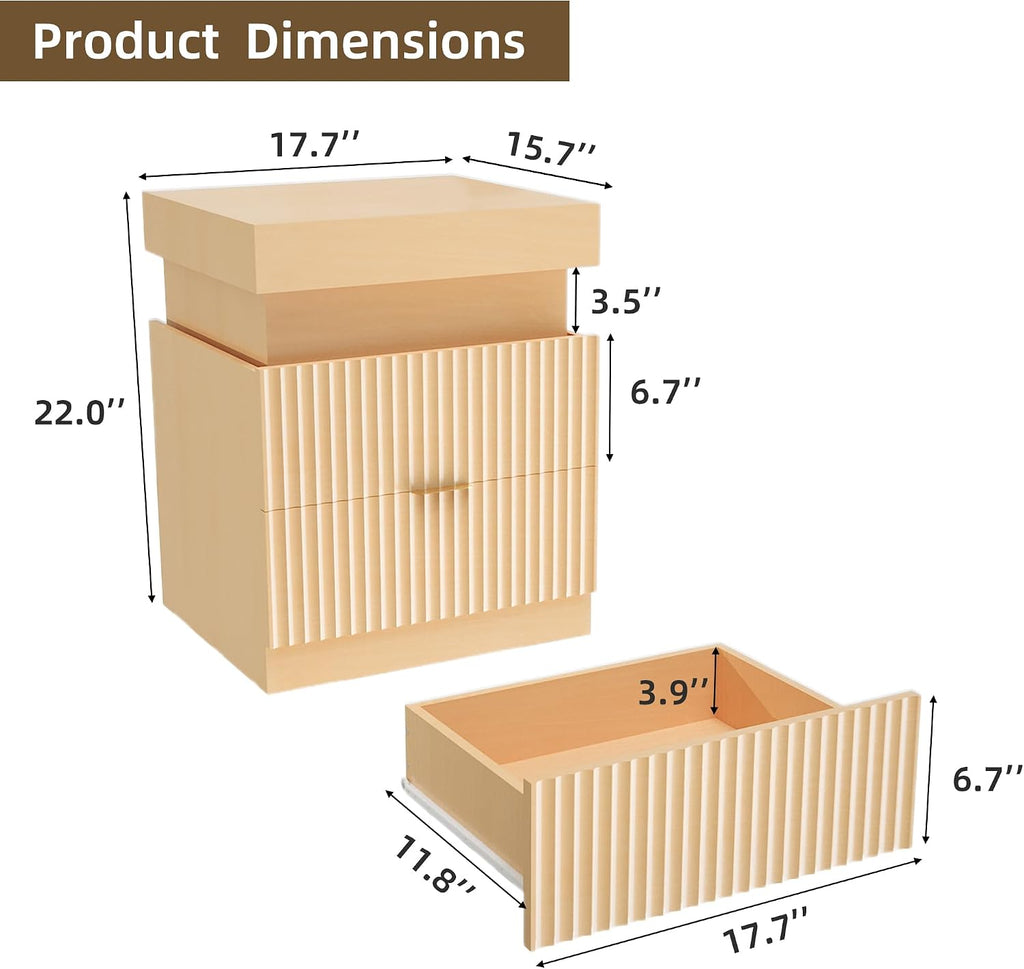 Wooden Nightstand with Charging Station & LED Lights, Modern Fluted Bedside Table with Sliding Top & Drawers