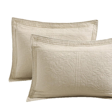 100% Cotton Quilted Pillow Sham Floral Printed Pillow Cover (Standard, Beige)