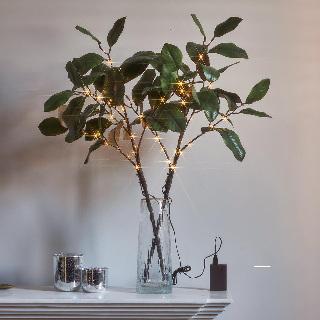 Lighted Magnolia Branches with Timer 32IN Battery Operated or USB Plug in, Faux Greenery Willow Branch with Lights 60