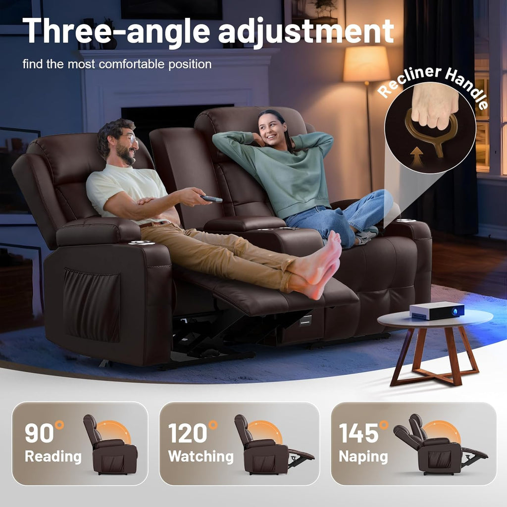 Loveseat Recliner Sofa, Home Theater Seating with Massage, RV Wall Hugger Reclining Couch with Console, USB