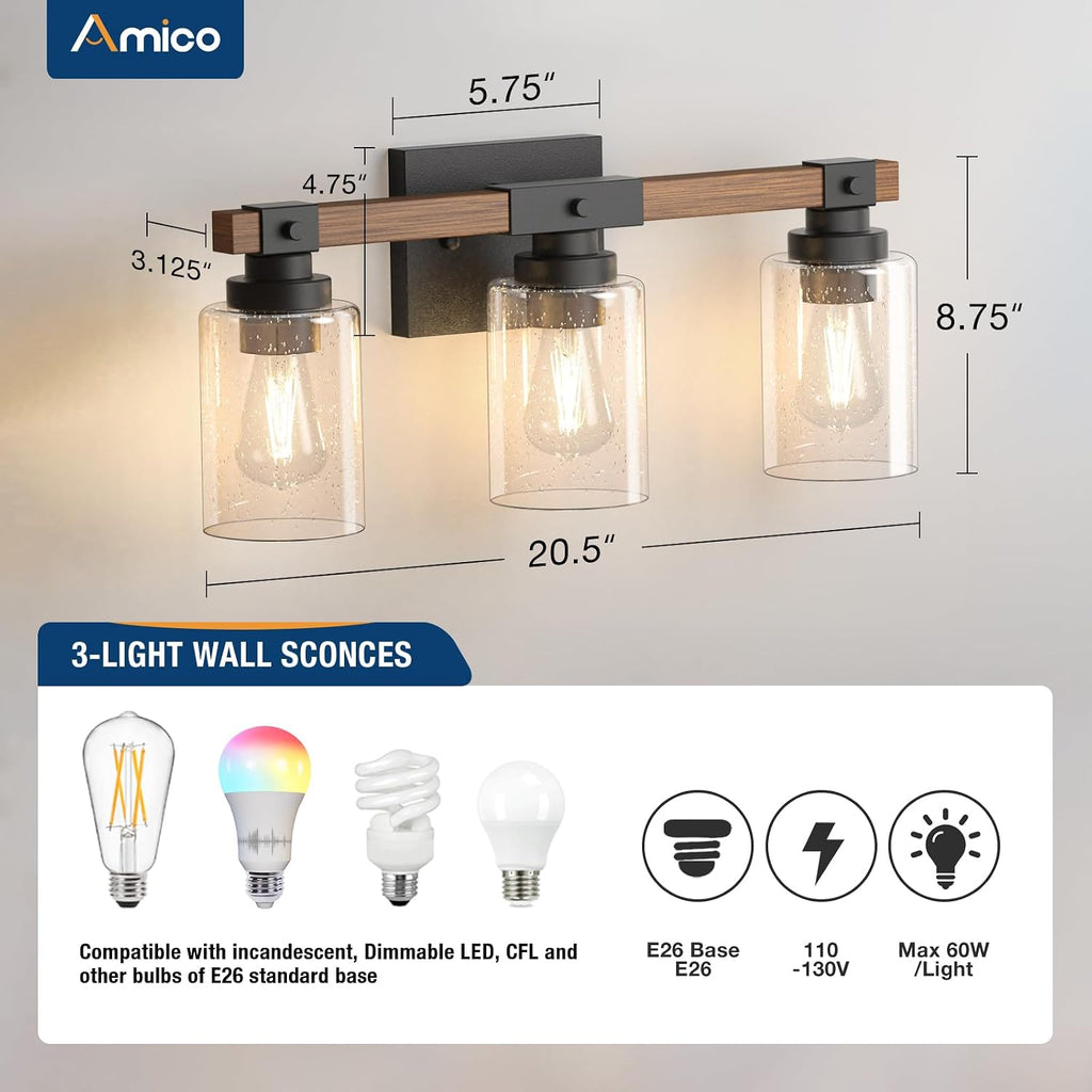 3-Light Farmhouse Bathroom Vanity Light, Seeded Glass, Black & Wood | Bubble Glass Shade Wall Sconce, Over Mirror