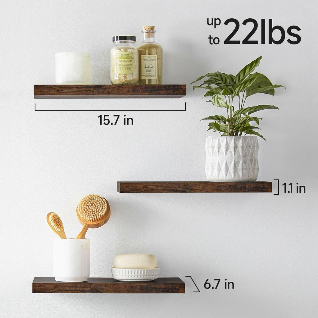 Rustic Brown Bathroom Floating Shelves, 15.7in, 3Pk, Wall Mount Shelf | 22lbs Max Load, Hidden Bracket, Bedroom