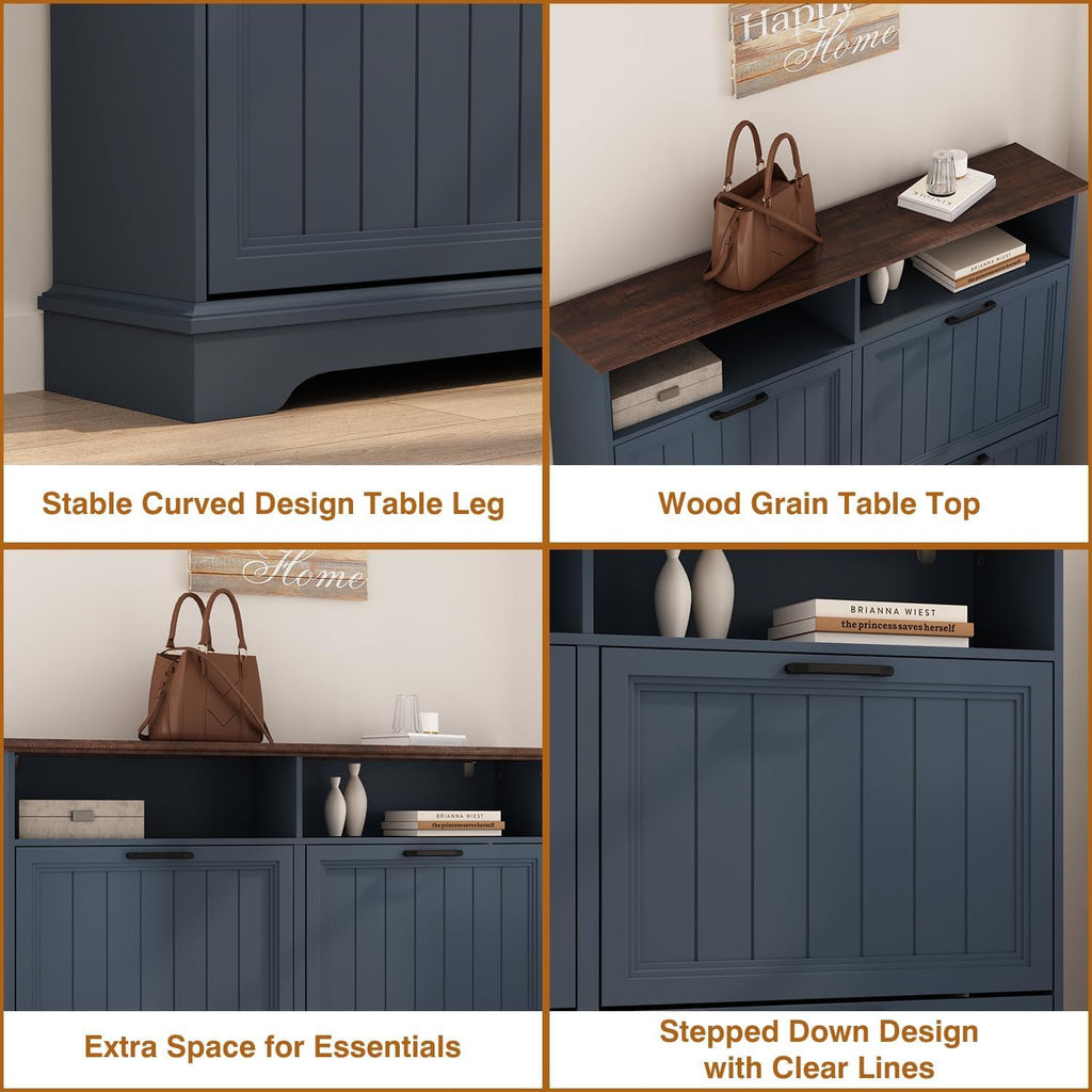 Shoe Storage Cabinet with 4 Flip Drawers, Farmhouse Modern Hidden Shoes Rack Cabinet with Adjustable Shelves & Open