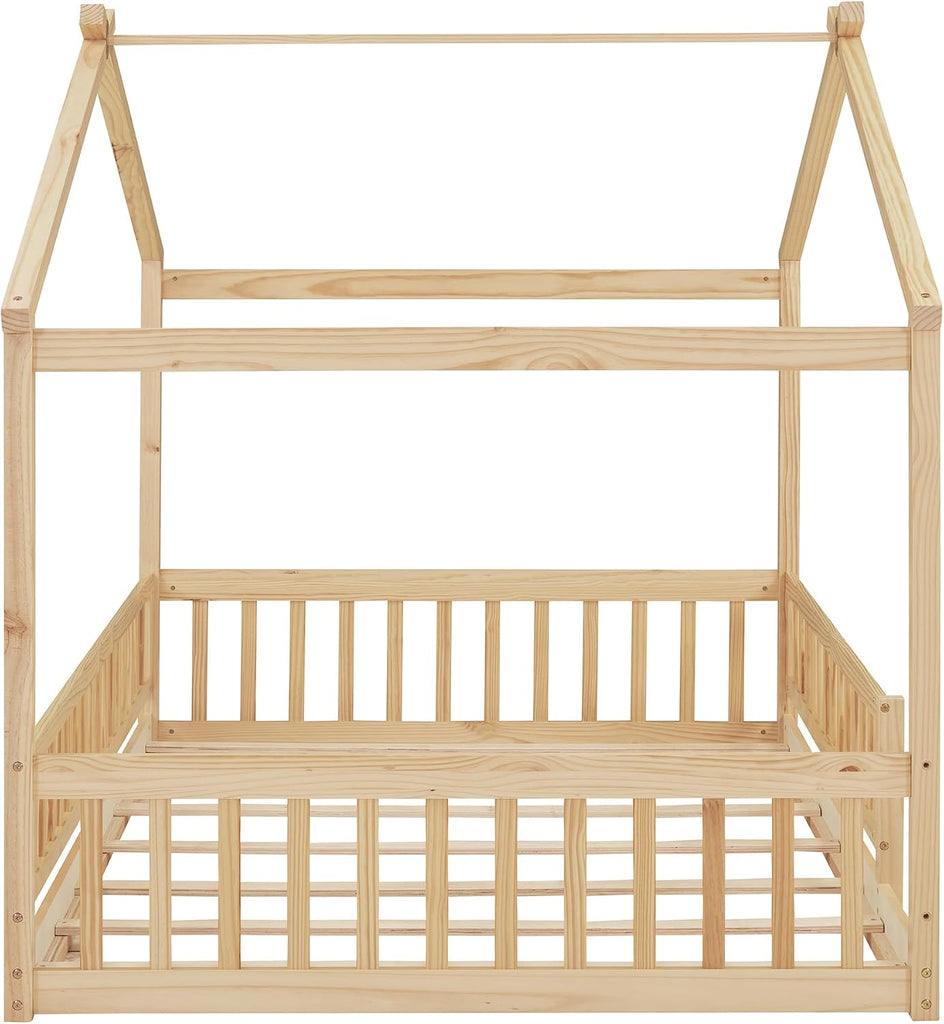 Full Size House Bed Frame, House Beds for Kids, Montessori Floor Bed with Fence, Playhouse for Kids,Full, Natural