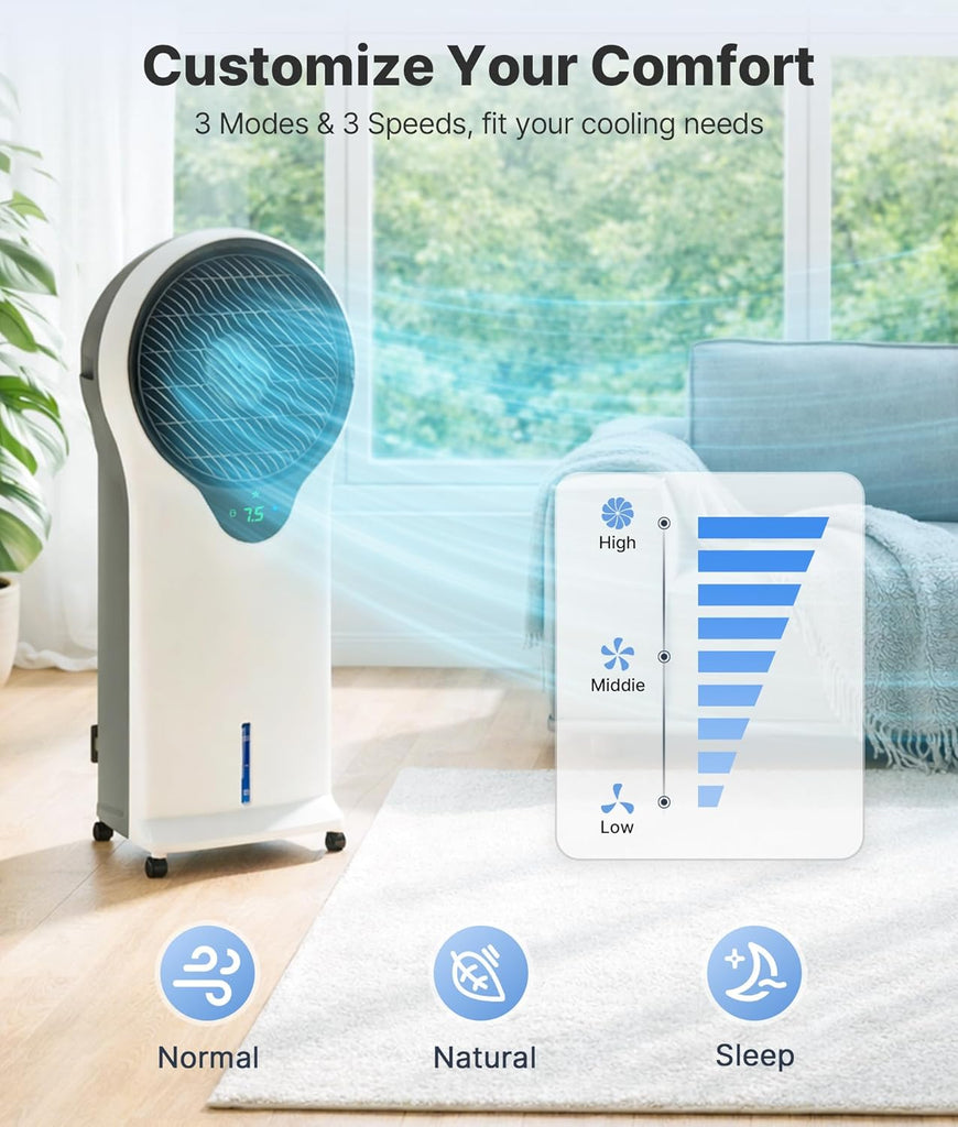 3-in-1 Evaporative Air Cooler - Portable Swamp Cooler Air Conditioner with 5.5L Water Tank & 2 Ice Packs, 3 Speeds