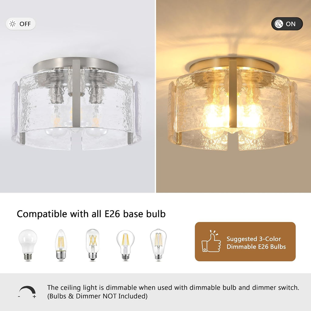 14" Modern Semi Flush Mount Ceiling Light, Brushed Nickel 3-Light Fixture with Glass Drum, Dimmable Hallway Lighting
