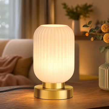 Mid Century Modern Table Lamp with Milk White Ribbed Glass Shade, Touch Control & 3 Way Dimmable, Small Gold, Vintage