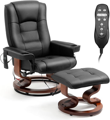 Modern Reclining Swivel Lounge Chair and Ottoman — Black Faux Leather