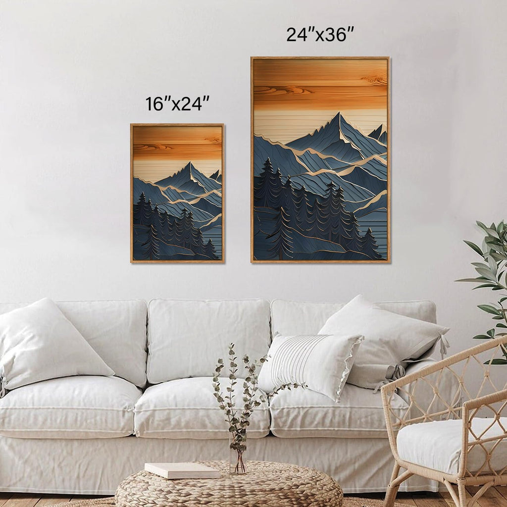 Large Mountains Framed Canvas Wall Art Set of 3, Boho Nature Woodcut Forest Art Prints, Mid Century Modern Wall