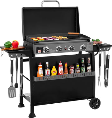 4-Burner Propane Gas Griddle with Removable Cart, Convertible Tabletop Flat Top Grill with Hood for Camping and Backyard