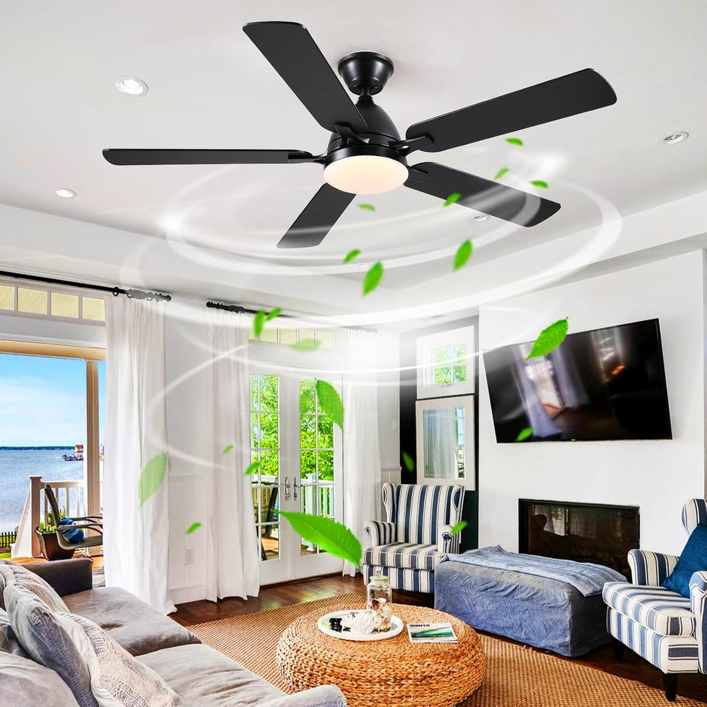Ceiling Fans with Lights, 52 Inch Low Profile Ceiling Fan with Light and Remote Control,Reversible, 3CCT, Dimmable, Quiet, Black Ceiling Fan for Bedroom Indoor/Outdoor Use