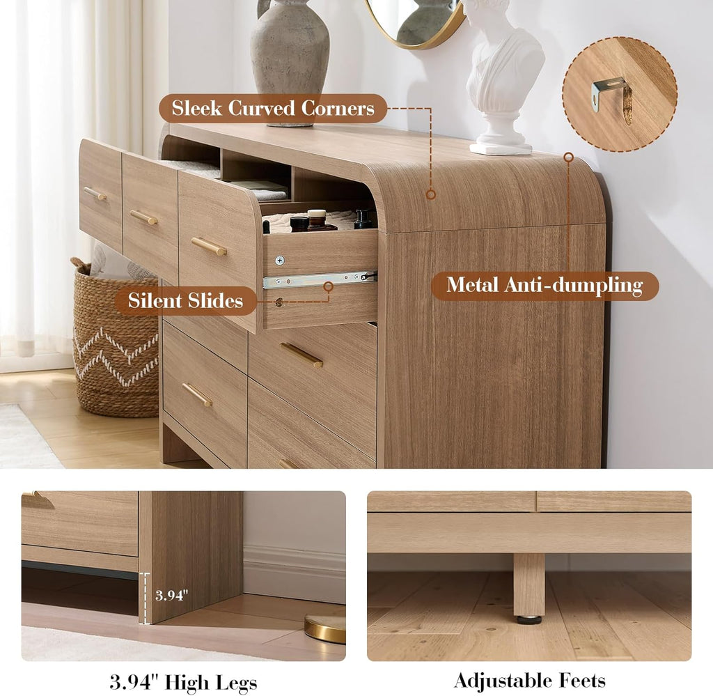 Curved 7 Drawer Dresser , 53.82'' Wide Chest of Drawers, Modern Storage Cabinet TV Stand, FSC Certified 1.18" Thick