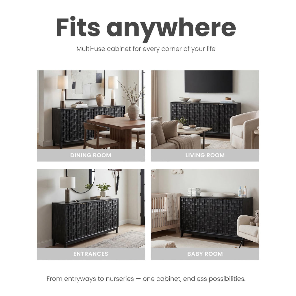59" Fluted Sideboard Buffet Cabinet with Storage, Wood Buffet Table with 4 3D-Checkerboard Doors & Adjustable