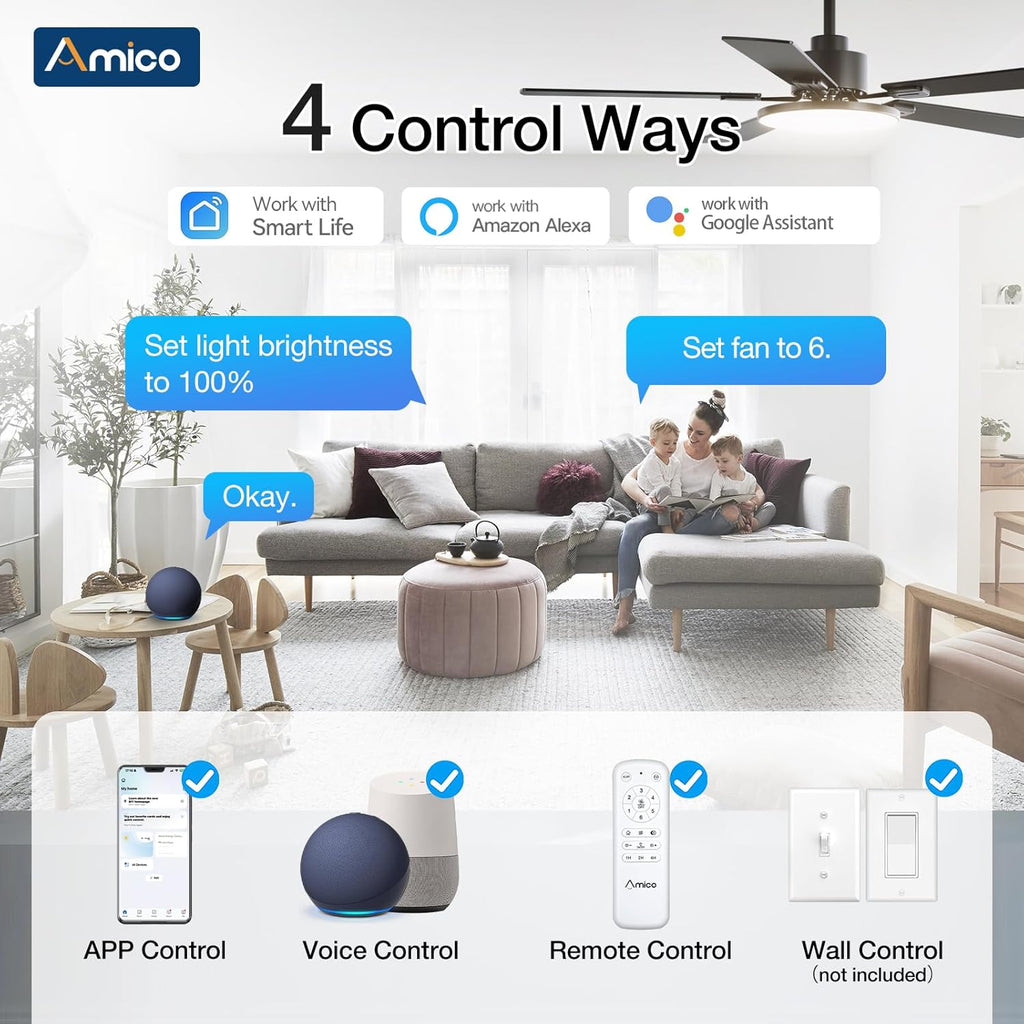 52 Inch Smart Ceiling Fan with Lights, Remote/App/Alexa/Google Control, WiFi Modern Downrod Mount Ceiling Fan