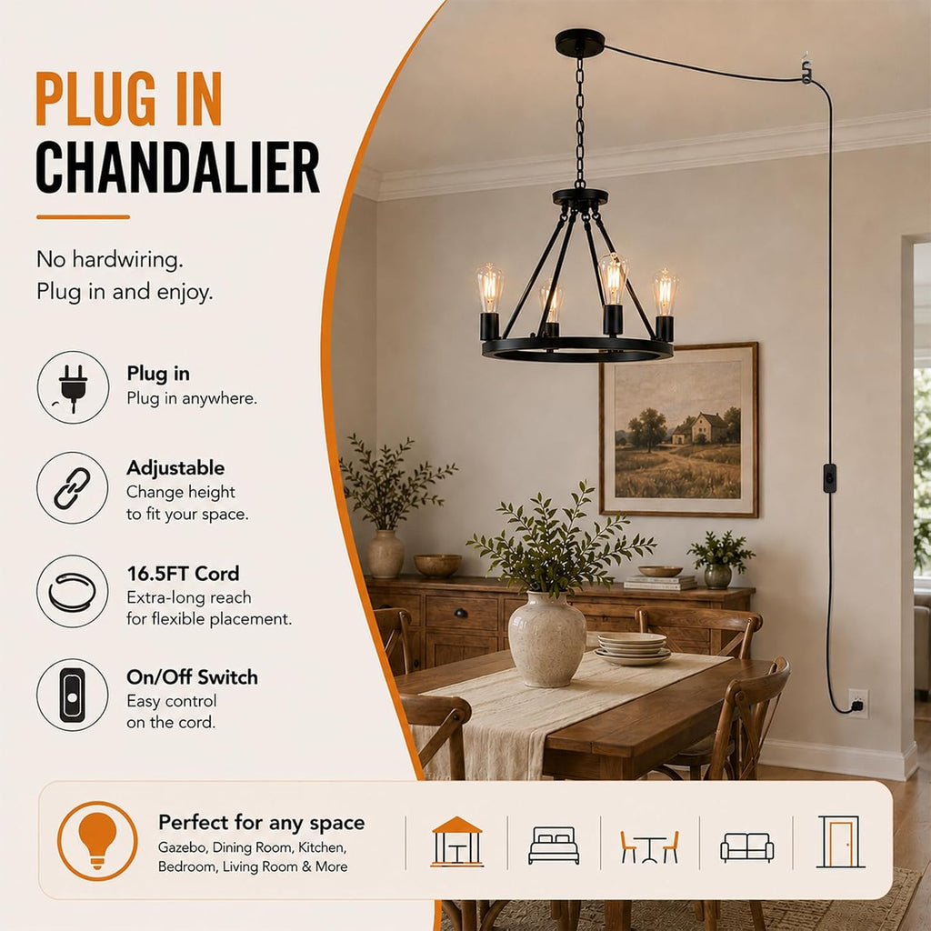 4-Light Plug in Chandelier,Wagon Wheel Style,Black Round Metal Chandelier,Hanging Light with 16.5ft Cord