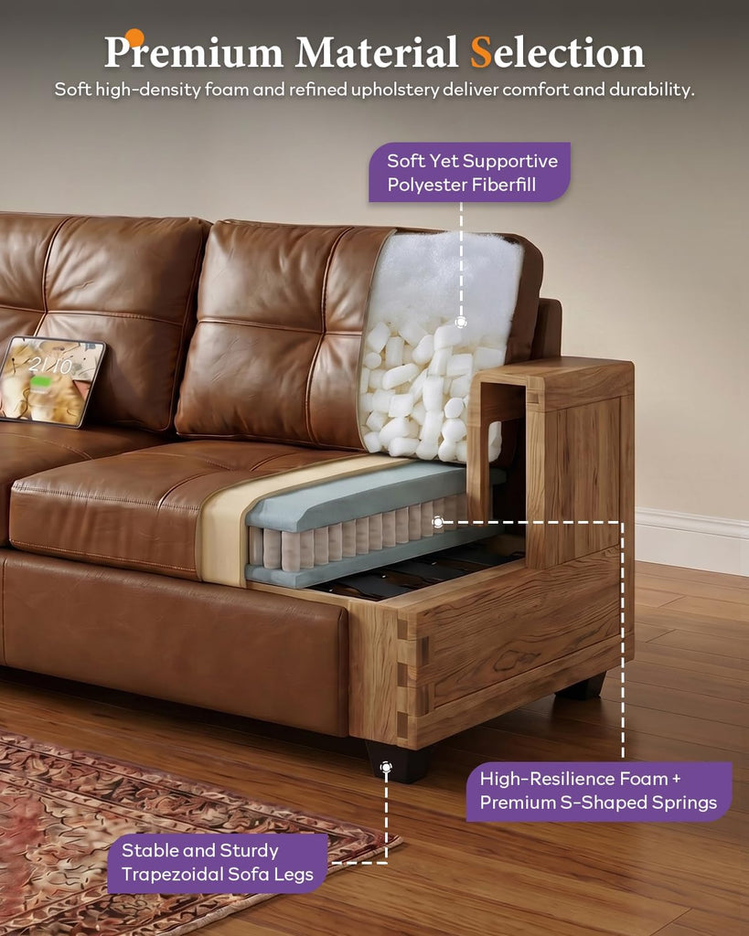 Brown Leather Sofa Couch Sectional Couches , Comfy Sofas with USB USB & Type C Charger, Home Office 3 Piece Living