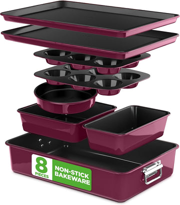 8-Piece Nonstick Stackable Bakeware Set - PFOA, PFOS, PTFE Free Pan Set w/Non-Stick Coating, 450°F Oven Safe, Round