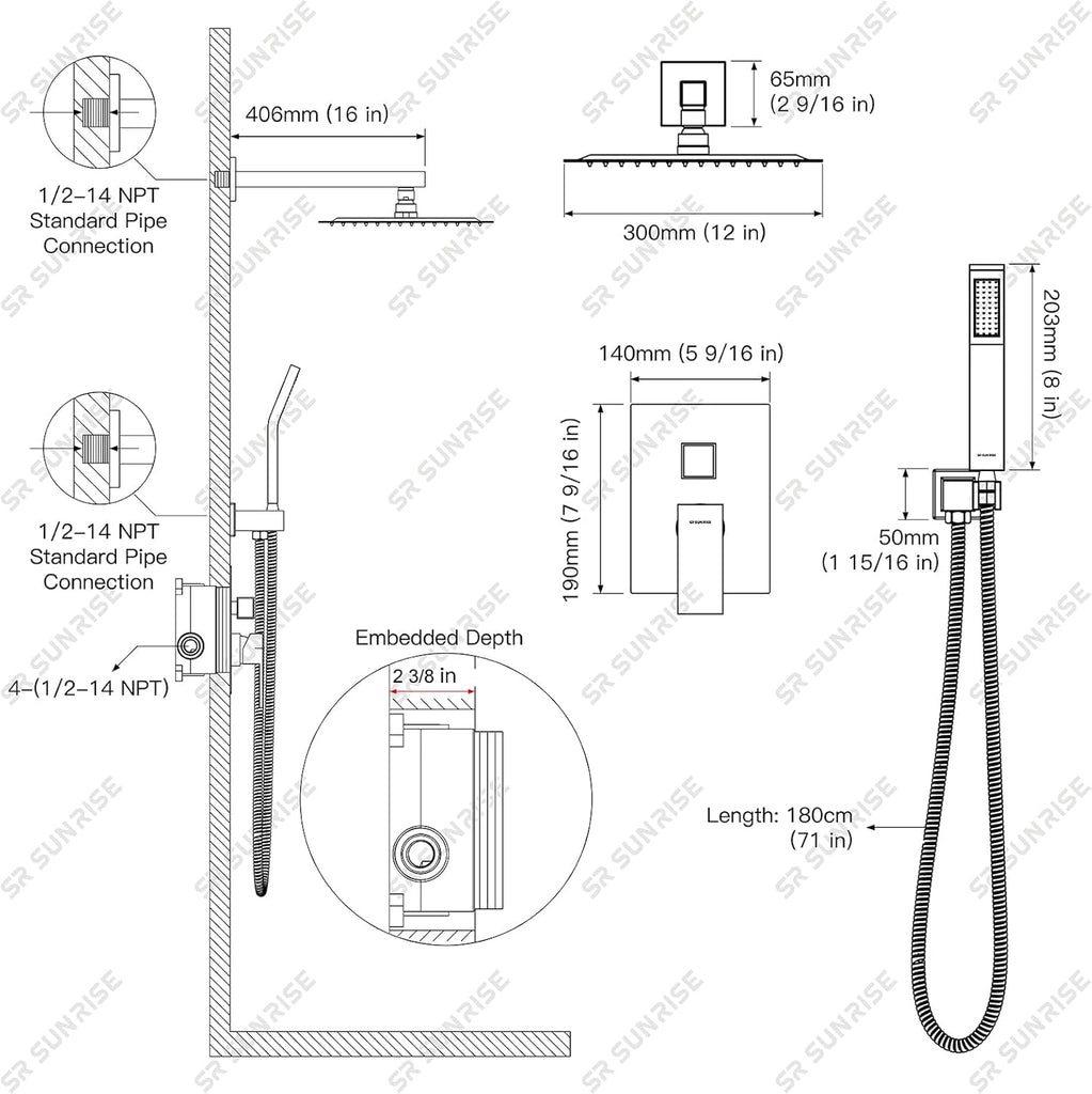 12 Inches Matte Black Shower System 12 Inch Brass Bathroom Luxury Rain Mixer Shower Combo Set Wall Mounted Rainfall