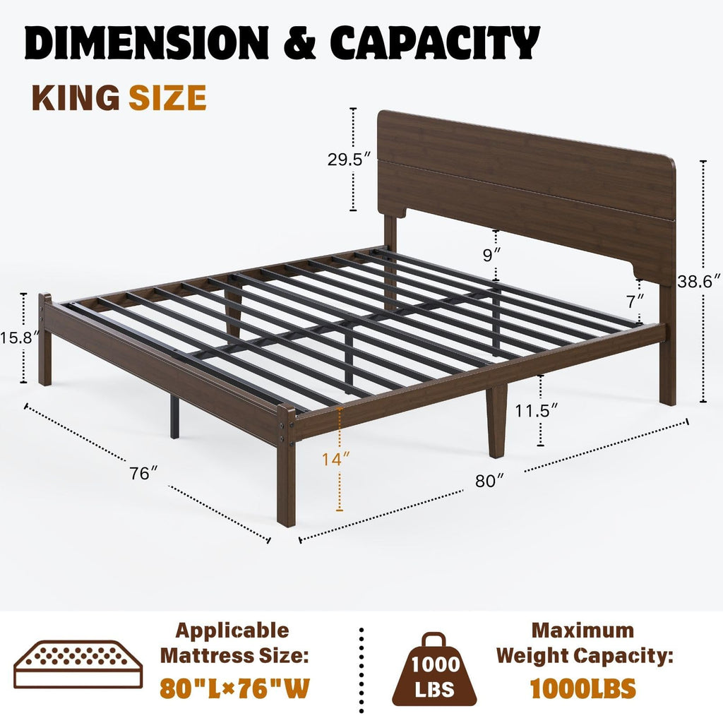 14 Inch Solid Bamboo Wood King Size Bed Frame with Headboard