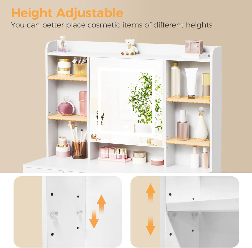 Vanity Desk with Jewelry Storage,Power Outlet and Cushioned Stool | Makeup Vanity Table with Smart LED Mirror,3