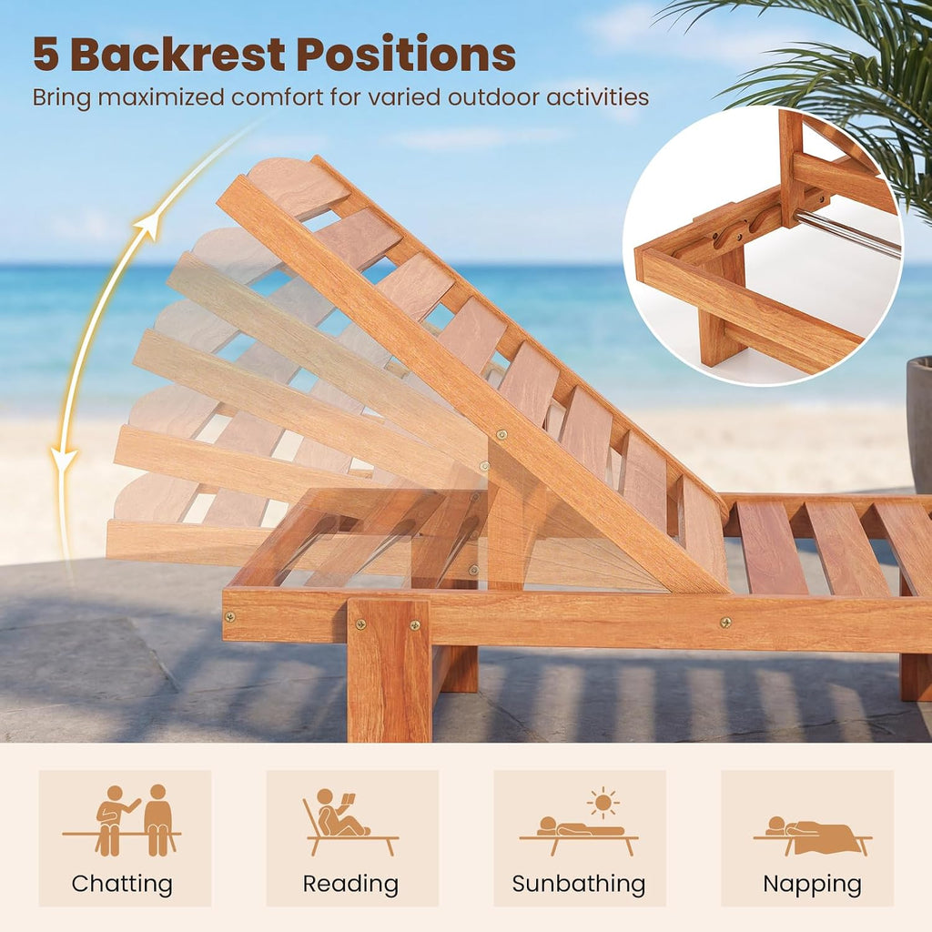 Lounge Chair Outdoor, Solid Wood Patio Chaise Lounge with 5-Level Adjustable Backrest, Wooden Slatted Beach Pool