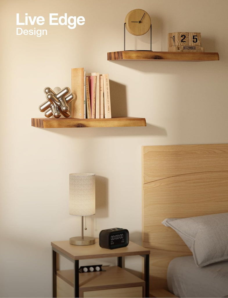 17" Acacia Live Edge Floating Shelves, Wooden Floating Shelves for Wall - Set of 2 Floating Book Shelves, Book Shelf