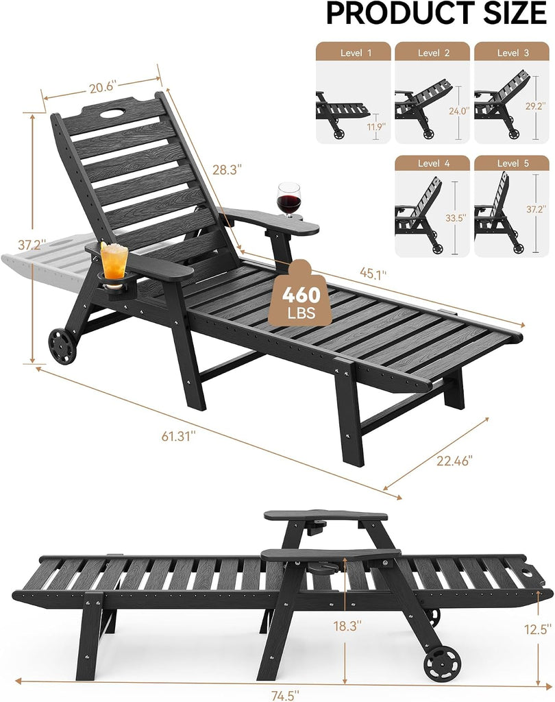 Lounge Chair Outdoor, HDPE Chaise Lounge with Wheels, 5-Position Adjustable Backrest & 2 Cup Holders Patio Lounge