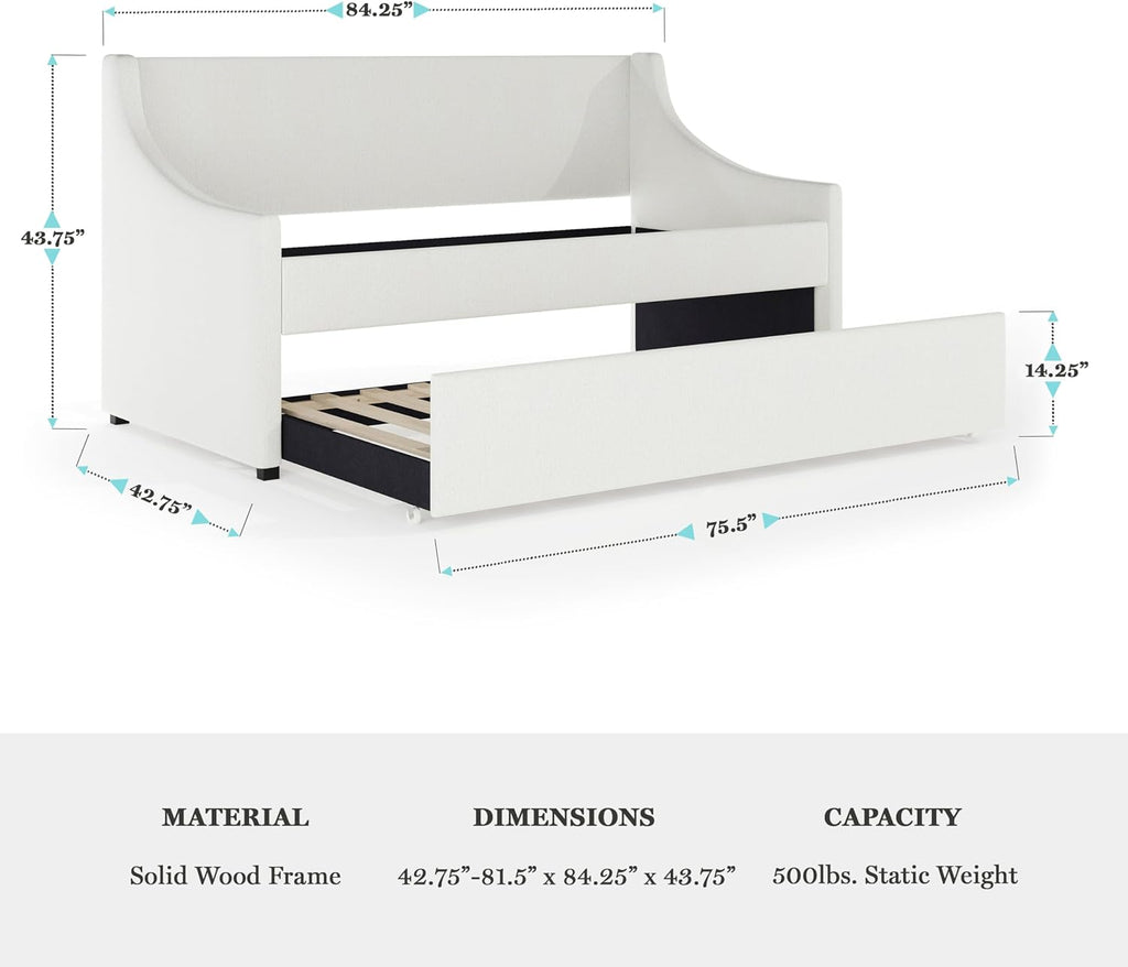 Simone Twin Upholstered Daybed with Trundle, Off-White | Pull-Out Trundle, Cushioned Headboard and Footboard, No Box