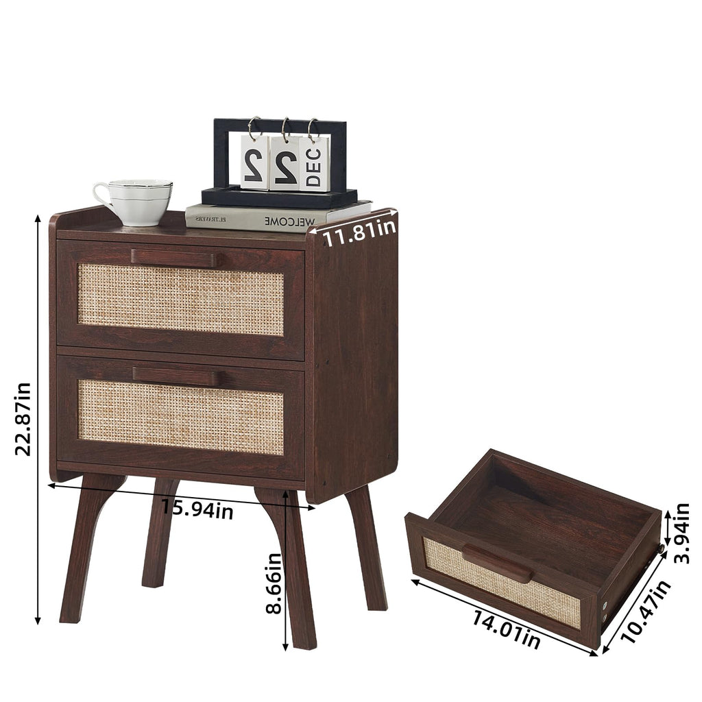 Rattan Nightstands Set of 2, 2 Drawers