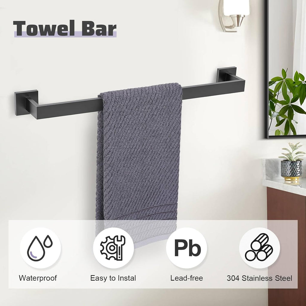 Matte Black Towel Bar Set 5-Piece Bathroom Hardware Accessories Set,23.6 Inch Modern Towel Holder Set SUS304