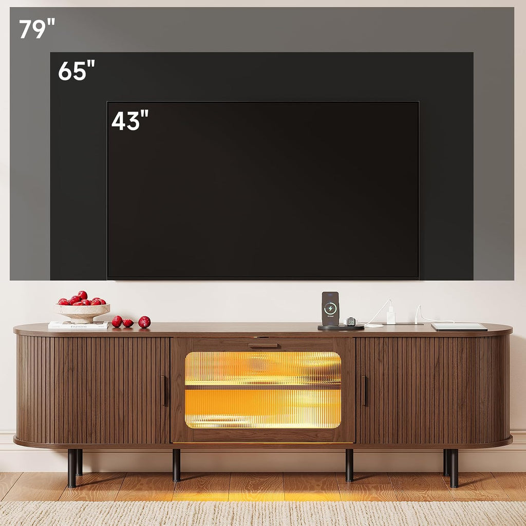 70" TV Stand with Led Lights & Power Outlet for Tvs 80", Entertainment Center with Sliding Door & Thicken Glass Door