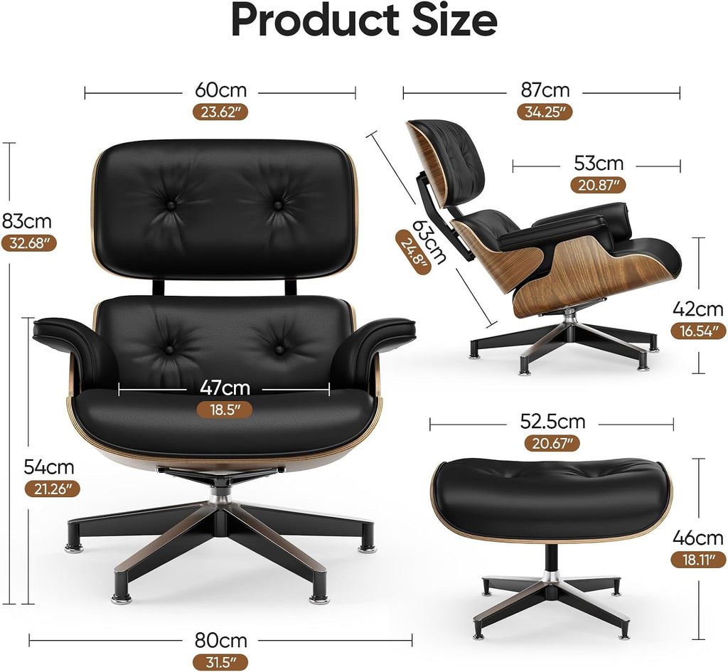 Inspired Eames Style Lounge Chair and Ottoman — Black PU Leather, Walnut Base, Standard Build
