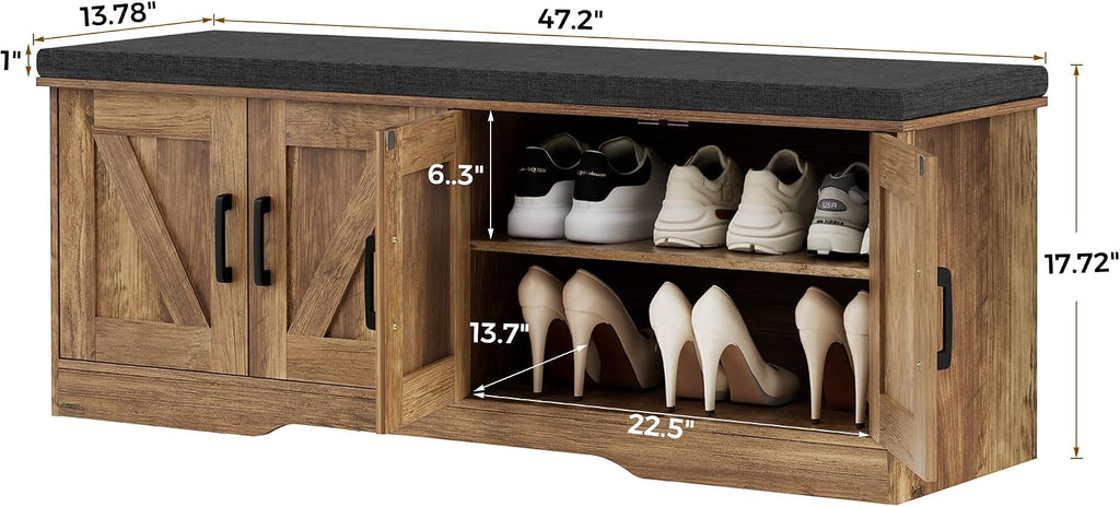 Farmhouse Shoe Storage Bench with 4 Barn Doors & Padded Seat Cushion | 47.2" Wide Entryway Bench with Adjustable
